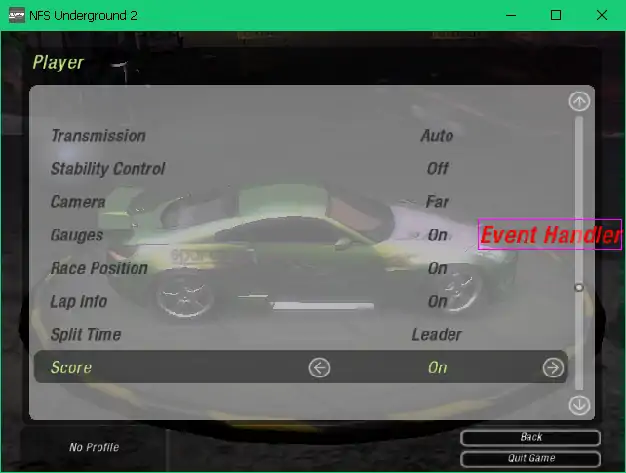 The game showing the same 'Player' options screen, now with a red 'Event Handler' label visible