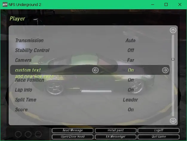 The game showing the 'Player' options screen, with random buttons at the bottom